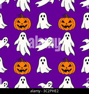 Nahtloses Vektor-Halloween-Muster mit niedlichen Zeichentrickgeistern und lächelnden Kürbissen auf einem leuchtenden lila Hintergrund, perfekt für festliche Designs und gruselige Stock Vektor