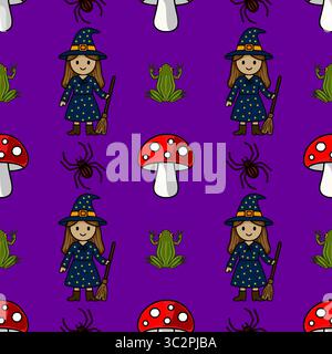 Nahtloses Vektor-Halloween-Muster mit einer niedlichen Hexe, Spinnen, Fröschen und Krötenhocker auf einem leuchtenden lila Hintergrund, perfekt für festliche Designs. Stock Vektor