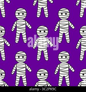 Nahtloses Vektormuster von niedlichen Cartoon Mumien in Verbandskostümen auf einem reichen lila Hintergrund, perfekt für Halloween-Motive. Stock Vektor