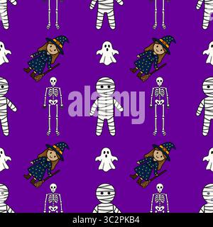 Nahtloses Vektor-Halloween-Muster mit niedlichen Cartoon-Mumien, Skeletten, Hexen und Geistern auf einem leuchtenden lila Hintergrund, perfekt für festliches Design Stock Vektor