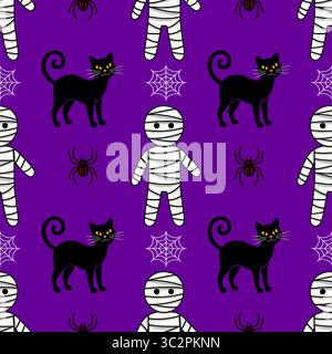 Nahtloses Vektor-Halloween-Muster mit niedlichen Mumien, schwarzen Katzen und Spinnen auf lila Hintergrund, perfekt für festliche Designs und gruselige Feiern Stock Vektor
