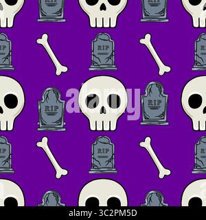 Nahtloses Vektor-Halloween-Muster mit Zeichentrickschädeln, Grabsteinen mit Rip-Inschriften und Knochen auf einem leuchtenden lila Hintergrund, ideal für Spoo Stock Vektor
