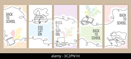 Set mit vertikalen Bannervorlagen mit Modeschulungskonzept, mit Collage, Strichzeichnung für Kinder und Schulutensilien Stock Vektor