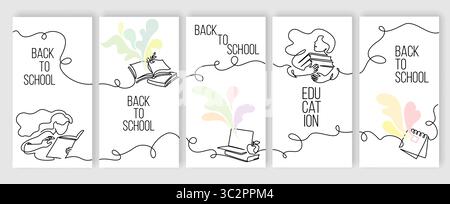 Set mit vertikalen Bannervorlagen mit Modeschulungskonzept, mit Collage, Strichzeichnung für Kinder und Schulutensilien Stock Vektor
