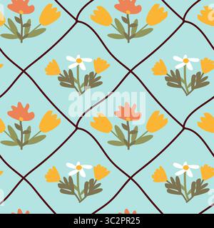 Blumenmuster mit orangefarbenen und gelben Blumen auf hellblauem Hintergrund. Niedliche Blumenelemente auf diagonalem Gitterhintergrund Stock Vektor