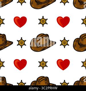 Ein nahtloses Vektormuster mit Cowboyhüten, Sheriff-Abzeichen und roten Herzen auf weißem Hintergrund. Das Design ist verspielt und skurril, sui Stock Vektor