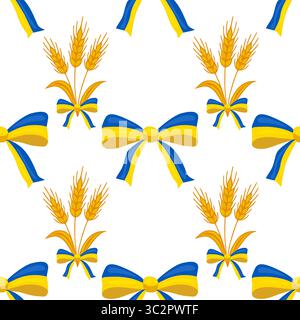 Nahtloses Vektormuster mit stilisierten Weizenstielen und fahnenfarbenen Bögen in ukrainischer Farbe, die ein festliches und patriotisches Design schaffen, ideal für verschiedene Apps Stock Vektor
