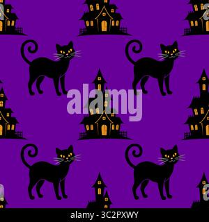 Nahtloses Vektor-Halloween-Muster mit schwarzen Katzen und gruseligen Häusern auf einem leuchtenden lila Hintergrund, perfekt für festliche Designs und Dekorationen. Stock Vektor