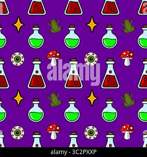 Nahtloses Vektormuster mit skurrilen Halloween-Elementen: Leuchtende grüne und rote Tränke, schrullige Frösche, unheimliche Augäpfel und magische Toadstools Stock Vektor