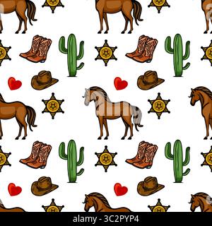 Ein verspieltes Vektormuster mit Pferden, Cowboyhüten, Sheriff-Abzeichen, Kakteen, Herzen, und Cowboystiefel. Das Design ist farbenfroh und erinnert an ein Wir Stock Vektor