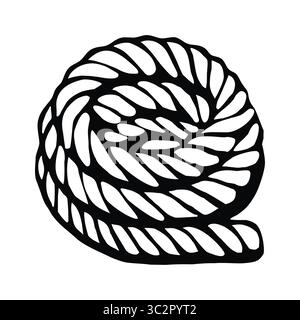 Eine stilisierte Schwarz-weiß-Illustration eines gewickelten Seils mit komplizierten verdrehten Vektormustern und einer glatten, abgerundeten Form. Stock Vektor