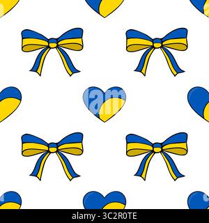 Nahtloses Vektormuster mit ukrainischen fahnenfarbenen Herzen und Bögen, ein lebendiges und symbolisches Design, das perfekt für festliche Hintergründe oder Textilien geeignet ist Stock Vektor