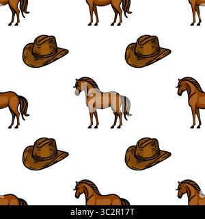 Ein sich wiederholendes Vektormuster mit braunen Pferden und Cowboyhüten auf weißem Hintergrund. Die Pferde sind stehend dargestellt, Showca Stock Vektor