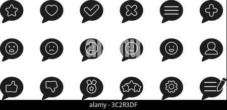 Symbolsatz Für Sprechblase Mit Verschiedenen Symbolen. Silhouettensymbole Für Kommunikation, Feedback Und Interaktion. Enthält Emoticons, Bewertungen Und Stock Vektor
