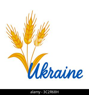 Eine Vektor-Illustration mit drei stilisierten Weizenstielen in goldenen Tönen, die dezent hinter einem kräftigen blauen kursiven Ukraine-Schriftzug positioniert sind, um ein de zu schaffen Stock Vektor