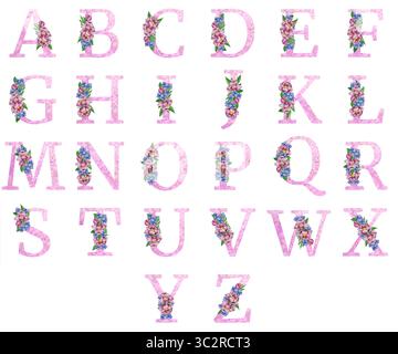 Blumenalphabet, Buchstaben mit Aquarellblumen und Blättern. Monogramm Initialen perfekt für Hochzeitseinladungen, Grußkarte, Logo, Poster usw. Stockfoto