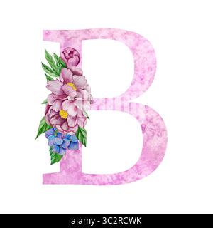 Blumenalphabet, Buchstaben mit Aquarellblumen und Blättern. Monogramm Initialen perfekt für Hochzeitseinladungen, Grußkarte, Logo, Poster usw. Stockfoto