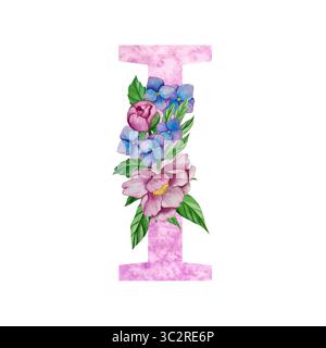 Blumenalphabet, Buchstaben mit Aquarellblumen und Blättern. Monogramm Initialen perfekt für Hochzeitseinladungen, Grußkarte, Logo, Poster usw. Stockfoto