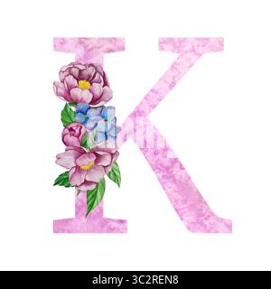 Blumenalphabet, Buchstaben mit Aquarellblumen und Blättern. Monogramm Initialen perfekt für Hochzeitseinladungen, Grußkarte, Logo, Poster usw. Stockfoto
