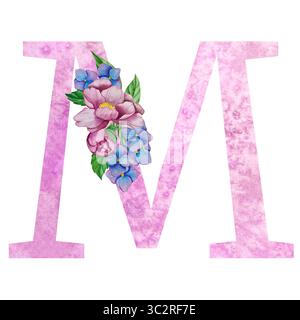 Blumenalphabet, Buchstaben mit Aquarellblumen und Blättern. Monogramm Initialen perfekt für Hochzeitseinladungen, Grußkarte, Logo, Poster usw. Stockfoto
