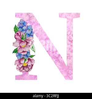Blumenalphabet, Buchstaben mit Aquarellblumen und Blättern. Monogramm Initialen perfekt für Hochzeitseinladungen, Grußkarte, Logo, Poster usw. Stockfoto
