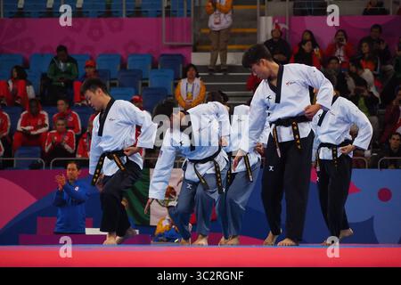 28. Juli 2019, Lima, Lima, Peru: Taekwondo, Poomsae; Goldmedaillengewinner Alex Lee, Karyn Real, Andrew Lee, Ethan Sun und SAE Jin Yi aus den USA in Aktion bei den Pan American Games 2019 in Lima (Foto: © Carlos Garcia Granthon/ZUMA Wire) Stockfoto