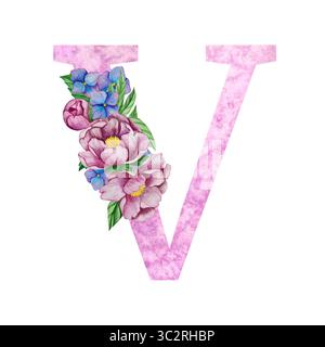 Blumenalphabet, Buchstaben mit Aquarellblumen und Blättern. Monogramm Initialen perfekt für Hochzeitseinladungen, Grußkarte, Logo, Poster usw. Stockfoto