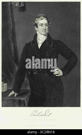 8. März 2019, USA: Sir Robert Peel (1788–1850), 2. Baronet, britischer Staatsmann und Politiker, diente zweimal als Premierminister des Vereinigten Königreichs 1834–35, 1841–46, drei-Viertel-Länge Portrait, Steel Engraving, Portrait Gallery of Eminent Men and Women of Europe and America von Evert A. Duyckinck, herausgegeben von Henry J. Johnson, Johnson, Wilson & Company, New York, 1873 (Credit Image: © JT Wire) Stockfoto