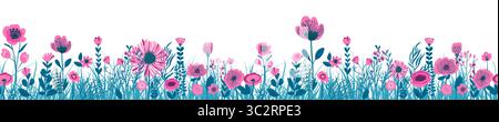 Horizontales, nahtloses Banner mit blühenden Blumen und Blättern. Frühlingsblumen im Hintergrund. Illustration des flachen Vektors auf weißem Hintergrund Stock Vektor