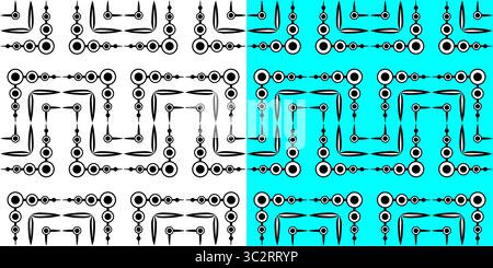 Einfarbiges abstraktes, nahtloses geometrisches Muster. Schwarzer Kreis und gekrümmte Linien. Schlangenförmiges Muster. Komplexe schwarze Zickzack-Formen auf blauem und weißem bac Stock Vektor