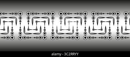 Einfarbiger, abstrakter, nahtloser Zickzack-Rand. Schwarze Kreise und parallele senkrechte Linien. Schwarze komplexe Geometrieformen auf verlaufendem Hintergrund. Clea Stock Vektor