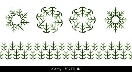 Set mit weihnachtlichen Designelementen. Nahtloser Rand und Schneeflocken. Winterliche Ornamente von Sternen. Süßes Winterschmuck aus grünen Schneeflocken und Weihnachten Stock Vektor