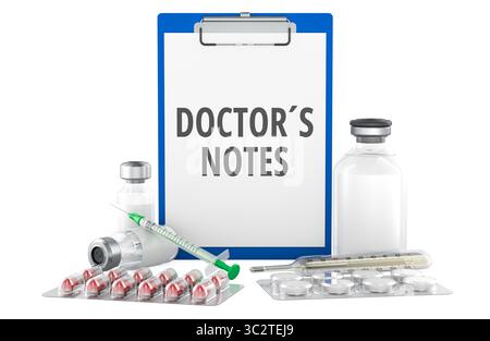 Ärzte notieren die Zwischenablage mit Tabletten, Fläschchen und Spritzen. 3D-Rendering isoliert auf weißem Hintergrund Stockfoto