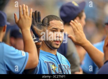 4. August 2019, St. Petersburg, Florida, USA: Tampa Bay Rays Center Fielder Tommy Pham (29) wird von seinen Teamkollegen im Dugout gratuliert, nachdem er eine Single von Tampa Bay Rays drittem Baseman Michael Brosseau (43) während des ersten Inning gegen die Miami Marlins Sonntag, 4. August 2019 in St. Petersburg erzielte. (Foto: © Chris Urso/Tampa Bay Times via ZUMA Wire) Stockfoto