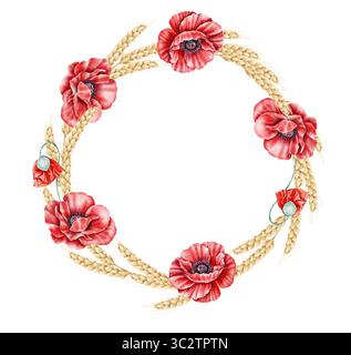 Aquarellkranz mit rotem Mohn und goldenem Weizen auf weißem Hintergrund. Perfekt für Hochzeitskarten, Einladungen, Verpackungsdesign, Textilien oder Stockfoto