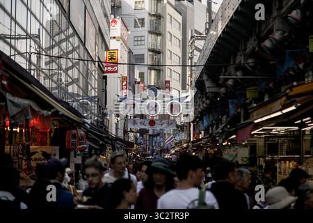 August 4, 2019, Tokyo, Japan: Menschen gesehen das Shopping in der Ameya Yokocho (ameyoko Markt) in Tokio.. gibt es etwa 500 Geschäften entlang der schmalen Gasse, die von Zehntausenden von Menschen jeden Tag besucht wird. (Bild: © takahiro Yoshida/SOPA Bilder über ZUMA Draht) Stockfoto
