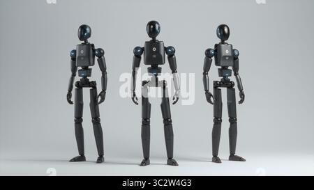 Futuristische Visualisierung der Gruppe fortschrittlicher humanoider High-Tech-Roboter in digitaler Sci-Fi-Umgebung. Künstliche Intelligenz, Robotik und Automatisierungskonzept. Visuelle Effekte Animation. Stockfoto