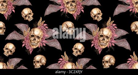 Menschlicher Schädel mit Fledermausflügeln, Rosen Aquarellillustration. Knochen im gotischen Stil. Tag der Toten, Halloween, Dia de los muertos. Symbolismus des Lebens und Stockfoto