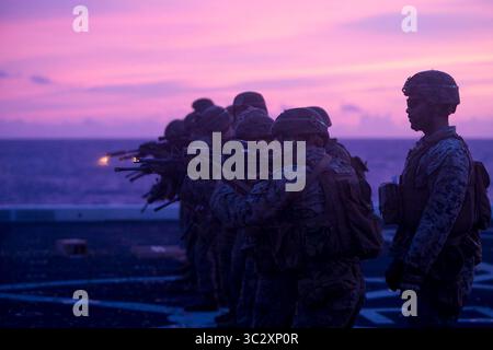 9. August 2019 - Philippine Sea - Marines mit Fox Company, Battalion Landing Team, 2. Bataillon, 1. Marines, 31. Marine Expeditionary Unit, feuern M4A1-Dienstgewehre während eines Live-Feuers an Bord der Amphibien-Transportdock USS Green Bay (LPD 20). Green Bay, Teil der Wasp Amphibious Ready Group, mit der 31. MEU, arbeitet in der indopazifischen Region, um die Interoperabilität mit Partnern zu verbessern und als Bereitschaftstruppe für jede Art von Eventualität zu fungieren. (Kreditbild: © US Marines/ZUMA Wire/ZUMAPRESS.com) Stockfoto