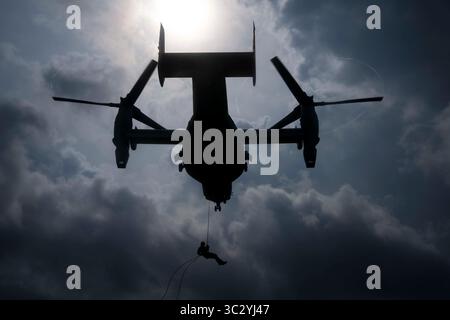 14. August 2019: Camp Hansen, Okinawa, Japan: Ein US-Marine mit 3. Aufklärungsbataillon stößt am 14. August 2019 aus einem MV-22 Osprey ab. Marines mit 3. Recon Mrd. Und Soldaten der 1st Special Forces Group erhielten eine Ausbildung von der Expeditionary Operations Training Group, III Marine Expeditionary Force Information Group, auf HRST, einem System, das das Marine Corps verwendet, um mit Schwebeflugzeugen in ein Gebiet einzudringen. (Kreditbild: © U.S. Marines/ZUMA Wire/ZUMAPRESS.com) Stockfoto