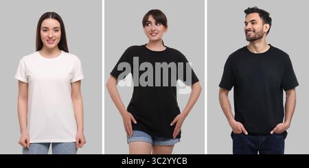 Menschen in verschiedenen T-Shirts vor grauem Hintergrund. Modell für Design Stockfoto