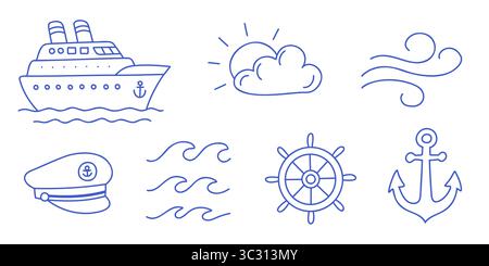 Nautische Symbole und Tempomatelemente Set. Bearbeitbare Kontur. Minimalistischer Stil. Blaue Linienvektorsymbole Stock Vektor