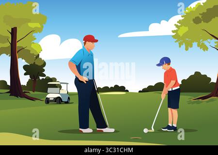 Eine Vektor-Illustration von Vater und Sohn, die Zeit Golf spielen Stock Vektor