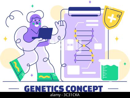 Genetik-Vektor-Illustration mit Wissenschaft mit DNA Molekül Struktur, Forschung und Experiment Wissenschaftler in einem technologischen flachen Hintergrund Stock Vektor