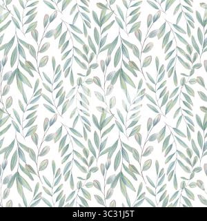 Aquarellfarben Eukalyptus oder Olivenblätter nahtloses Muster isoliert auf weißem Hintergrund. Blaugrüne Pflanzen-Illustration. Blumenschmuck für die Hochzeit Stockfoto