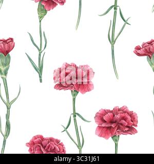 Rote Nelken auf Stielen und Blättern nahtlose Aquarellmuster isoliert auf weißem Hintergrund. Handgemalte symbolische Blumen der Revolution Stockfoto