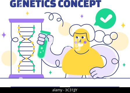 Genetik-Vektor-Illustration mit Wissenschaft mit DNA Molekül Struktur, Forschung und Experiment Wissenschaftler in einem technologischen flachen Hintergrund Stock Vektor