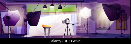 Cartoon Photo Studio Innenraum - professionelle Einrichtung mit weißem Hintergrund, gelbem Stuhl, Kamera auf Stativ, Softbox-Leuchten und Schirmreflektoren. Arbeitsbereich für Fotografie oder Videoproduktion. Stock Vektor