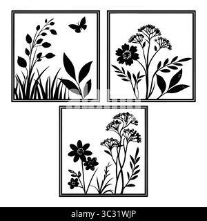 Schwarze Silhouette Naturillustrationen mit Blumen und Schmetterling in Rahmen Stock Vektor