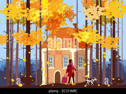 Herbstlandschaft, Frau im Herbstmantel, die mit dem Hund geht, Haus Stock Vektor
